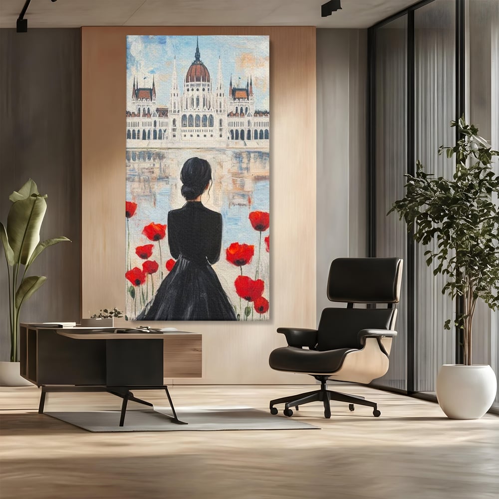 Tablou canvas cu tablou canvas cu femeie si maci, fara rama, pe sasiu de lemn, pe perete intr-un birou